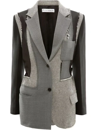Jw Anderson Patchwork Wool, Twill And Satin Blazer In Grey