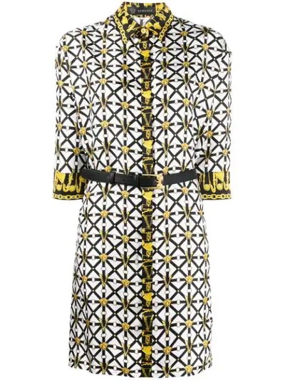 Versace Harness Print Belted Silk Shirtdress In A7001 Bianco Stampa