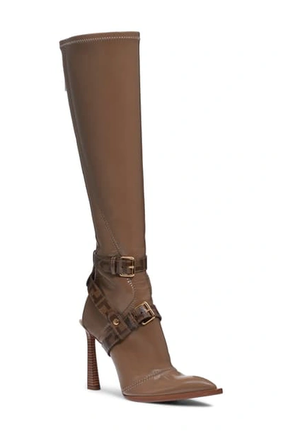 Fendi Logo Harness Pointy Toe Knee High Boot In Brown