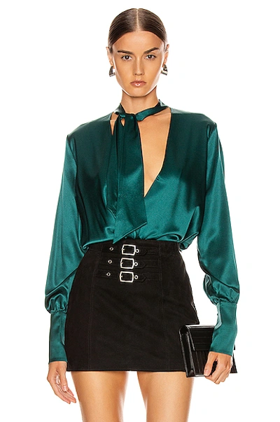Jonathan Simkhai Wrap Front Silk Charmeuse Bodysuit In Deep Emerald