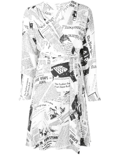 Diane Von Furstenberg Newspaper Print Wrap Dress In White