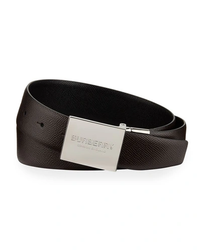 Burberry Men's Reversible Grained Leather Belt With Logo Plaque In Brown/black