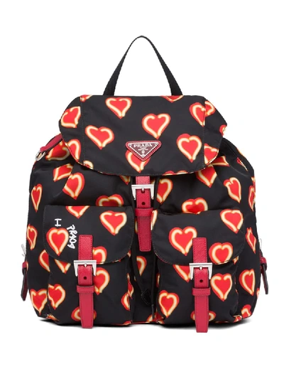 Prada Printed Hearts Backpack In Black