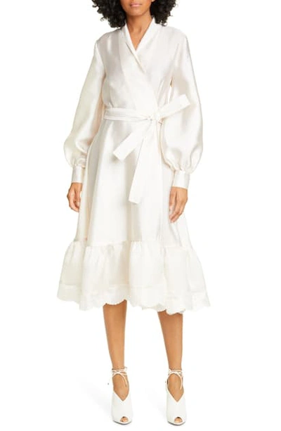 Stine Goya Niki Long Sleeve Hammered Satin Midi Wrap Dress In Ivory