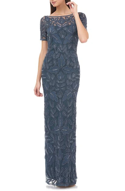 Js Collections Beaded Soutache Evening Gown In Mineral Blue