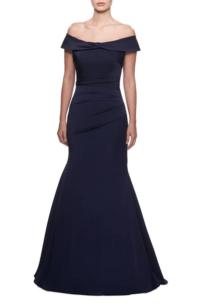 La Femme Off The Shoulder Pleated Satin Mermaid Gown In Navy