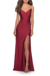 La Femme Cross Back Satin Jersey Trumpet Gown In Burgundy