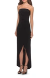 LA FEMME STRAPLESS RUCHED SOFT JERSEY GOWN,28204