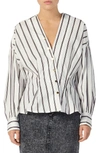 SANDRO NAELLE STRIPE ASYMMETRICAL SNAP PLACKET COTTON SHIRT,SFPCM00232