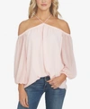 1.state Off The Shoulder Sheer Chiffon Blouse In Pink Taffe