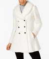 Guess Women's Faux Fur Collar Double Breasted Skirted Coat In White
