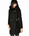 CALVIN KLEIN BELTED ASYMMETRICAL COAT WITH FAUX-FUR HOOD