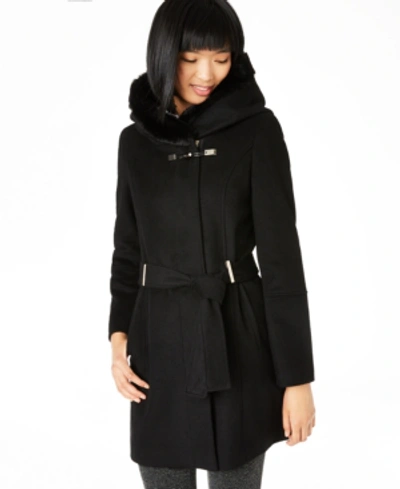 Calvin Klein Belted Asymmetrical Coat With Faux-fur Hood In Black