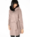 CALVIN KLEIN BELTED ASYMMETRICAL COAT WITH FAUX-FUR HOOD