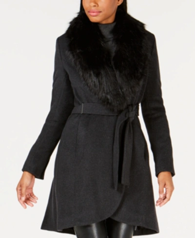 Calvin Klein Petite Faux-fur-collar Coat In Charcoal
