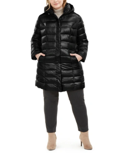 Calvin Klein Plus Size Hooded Packable Puffer Coat, Created For Macy's In Black