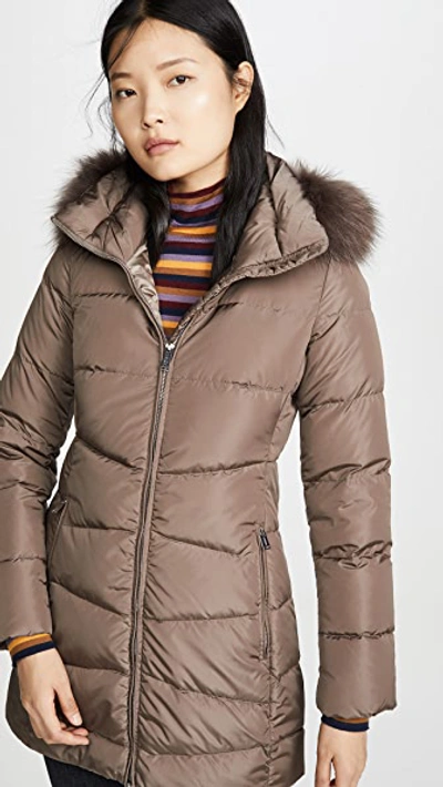 Add Down Coat With Detachable Fur Hood In Castor