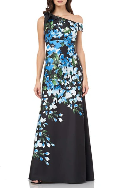 Carmen Marc Valvo Infusion Floral Print Bow Shoulder Gown In Black/ Blue