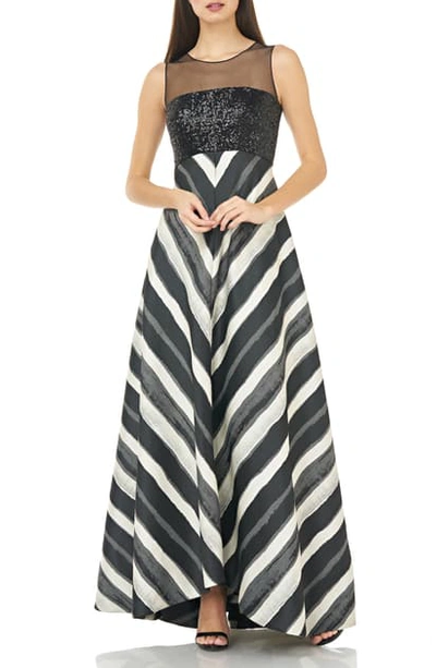 Carmen Marc Valvo Infusion Sequin & Stripe Ballgown In Black/ Ivory