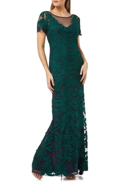 Js Collections Illusion Yoke Short Sleeve Soutache Gown In Jade Navy