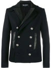 BALMAIN LEATHER LAYERED DOUBLE BREASTED COAT