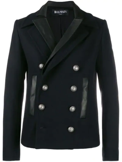 Balmain Leather Layered Double Breasted Coat In Black
