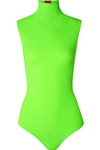 ALIX DENTON NEON STRETCH-JERSEY TURTLENECK THONG BODYSUIT