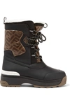 FENDI T-REX SHEARLING-LINED LOGO-PRINT COATED CANVAS AND LEATHER ANKLE BOOTS