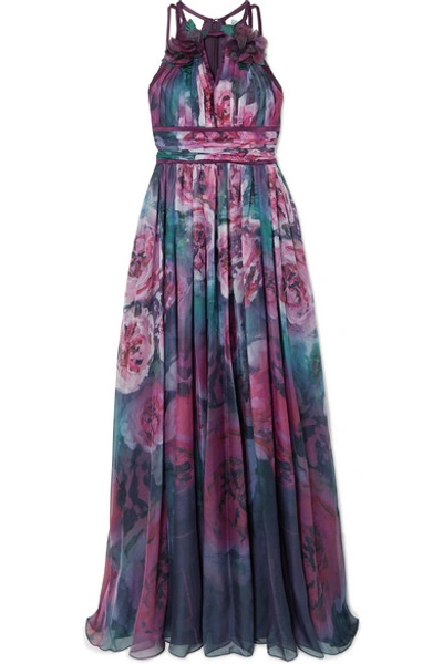 Marchesa Notte Appliquéd Pleated Floral-print Chiffon Gown In Pink