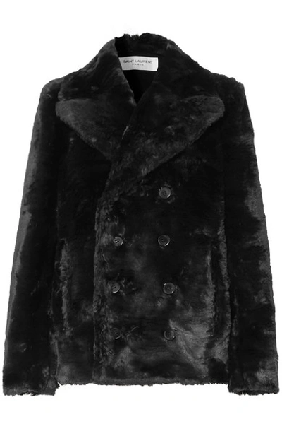 Saint Laurent Double-breasted Faux Fur Jacket In Black