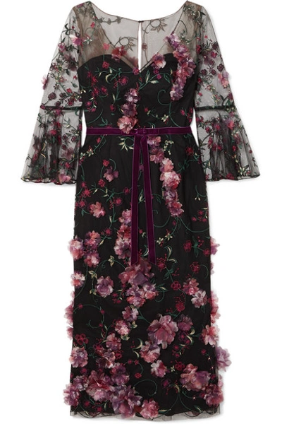 Marchesa Notte V-neck Flutter-sleeve Embroidered Tulle Dress W/ 3d Flowers In Black