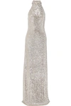 NAEEM KHAN SEQUINED TULLE HALTERNECK GOWN