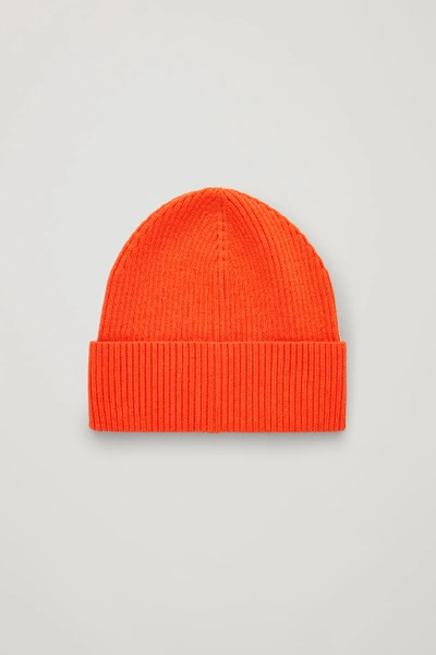 Cos Ribbed Wool Hat In Orange