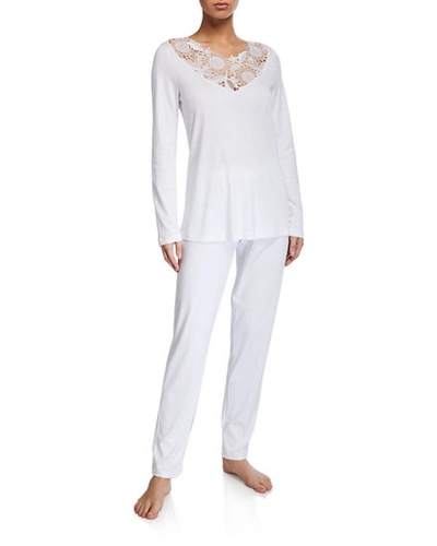 Hanro Flora Long Pajama Set In White