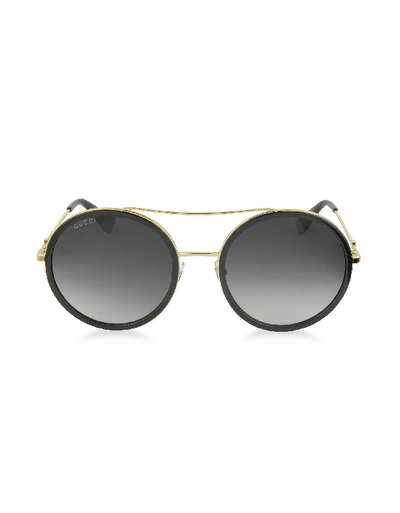 Gucci Designer Sunglasses Gg0061s Acetate And Gold Metal Round Aviator Women's Sunglasses In Noir/gris Fumée