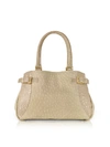 FONTANELLI BEIGE GRAY OSTRICH & CROCO EMBOSSED LEATHER SATCHEL BAG,11046666