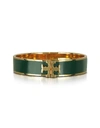 Tory Burch Raised Logo Banyan Green Enamel Thin Cuff Bracelet In Gold/ Banyan Green