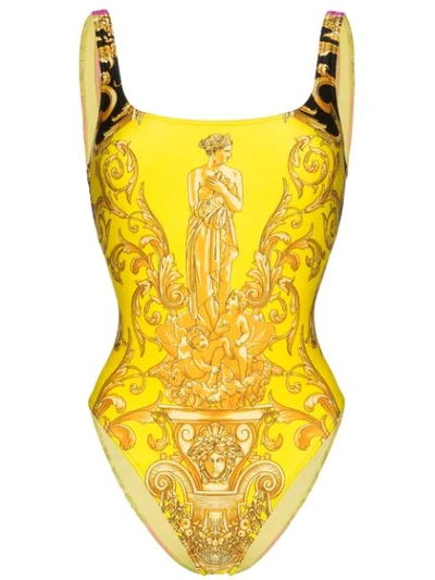 Versace Barco Print Bicolor One-piece Swimsuit In Yellow