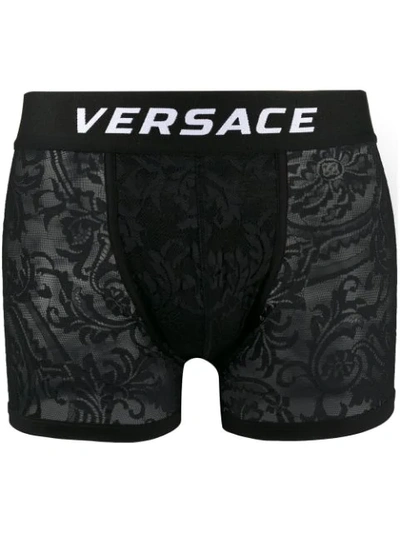 Versace Men's Lace Mesh Long Boxer Briefs In Black