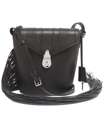 Calvin Klein Fringe Lock Leather Bucket Bag In Black/silver
