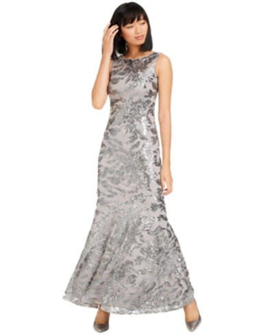 Calvin Klein Sequined Mermaid Gown In Gray/silver