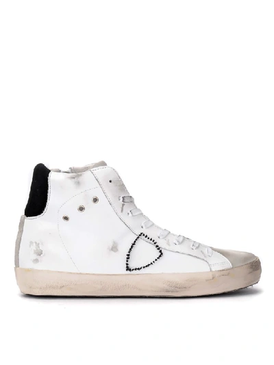 Philippe Model Paris High-top Trainer In White Leather And Light Grey Suede In Bianco