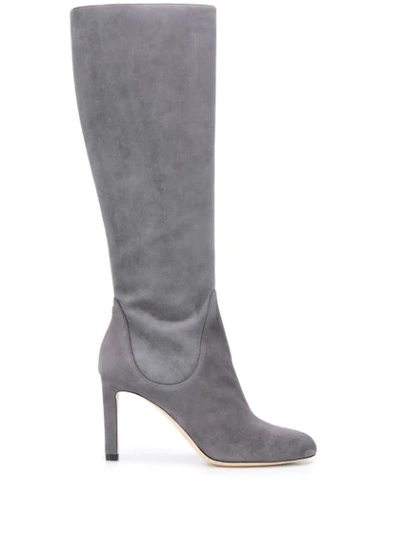 Jimmy Choo Tempe 85 Dusk Suede Leather Knee Boots In Grey