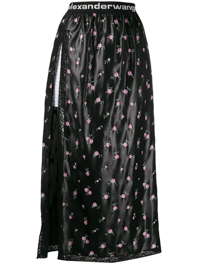 Alexander Wang Lace-trimmed Coated Floral-print Satin Midi Skirt In Black