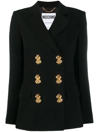 Moschino Double-breasted Embellished Crepe Blazer In Black