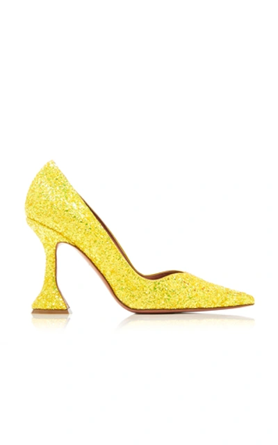 Amina Muaddi Giorgia Glitter Flare-heel Pumps In Lemon Glitter