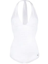 Dolce & Gabbana Halterneck Ruched Swimsuit In White