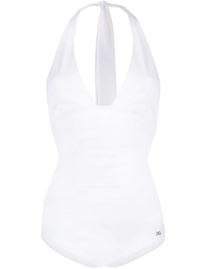 Dolce & Gabbana Halterneck Ruched Swimsuit In White
