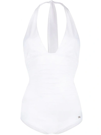 Dolce & Gabbana Halterneck Ruched Swimsuit In Nero