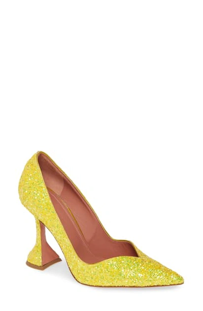 Amina Muaddi Giorgia Glitter Flare-heel Pumps In Lemon Glitter